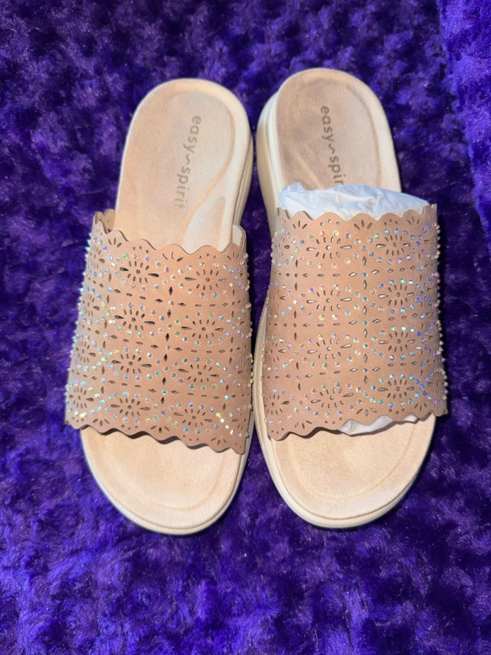 Easy Spirit Tan Laser-Cut Slide Sandals with Sparkle Accents